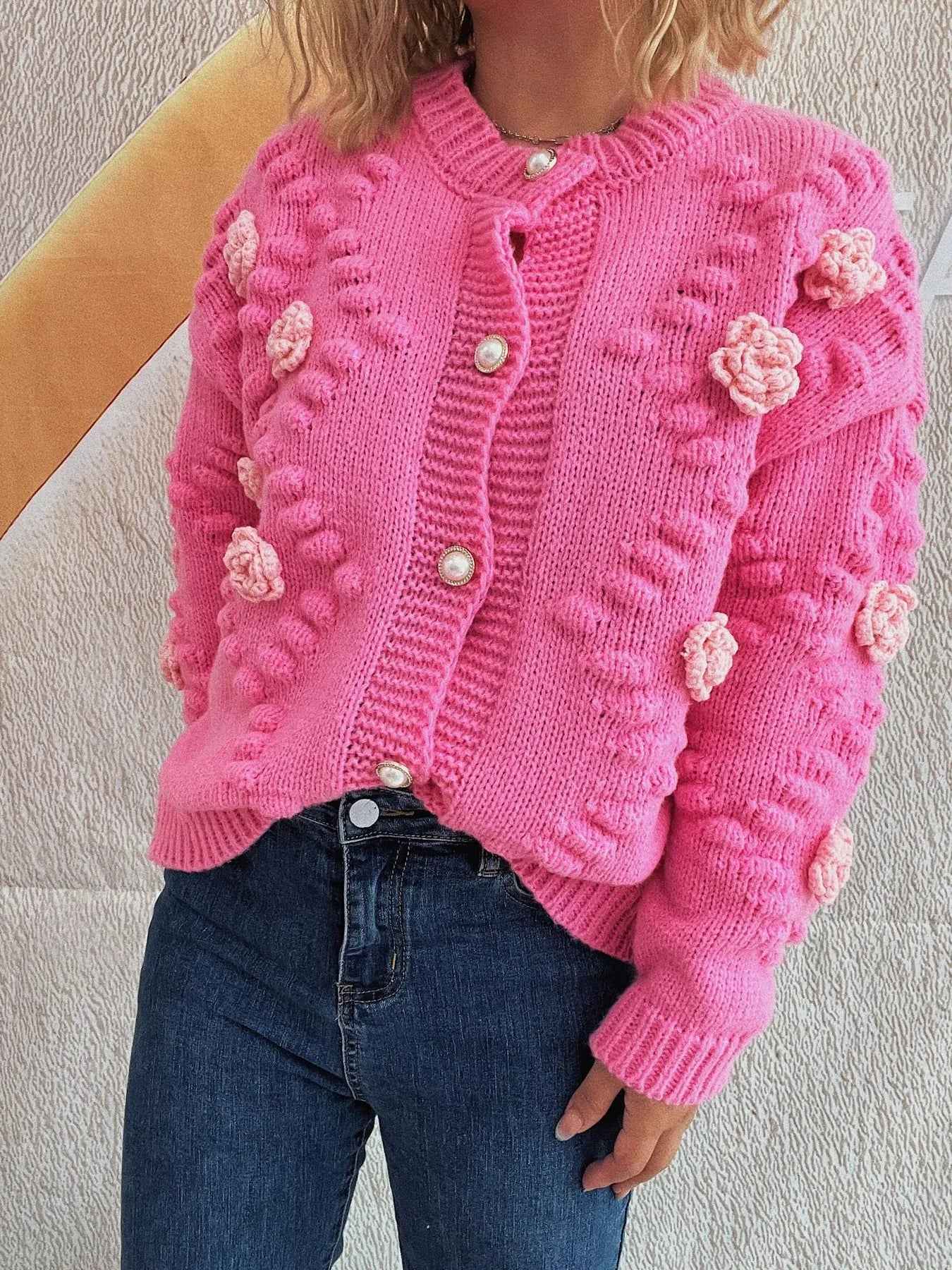 Sarah Express Women's Flower Button Up Long Sleeve Cardigan