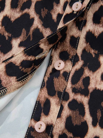 Sarah Express Women's Leopard Print Button Down Lace Trim Short Sleeve Shirt