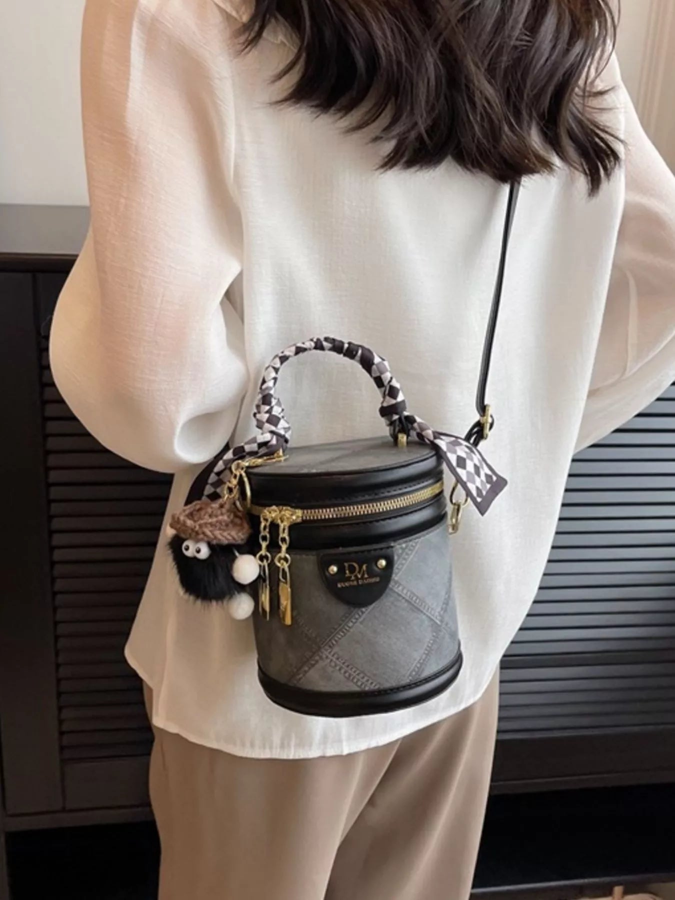 Sarah Express Women's Bucket Crossbody Bag with Scarf Accent Black ONESIZE