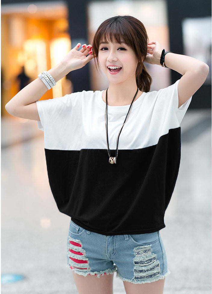 Sarah Express Women's Color Block Batwing Sleeve Top Short Sleeve Casual Loose Fit Shirt