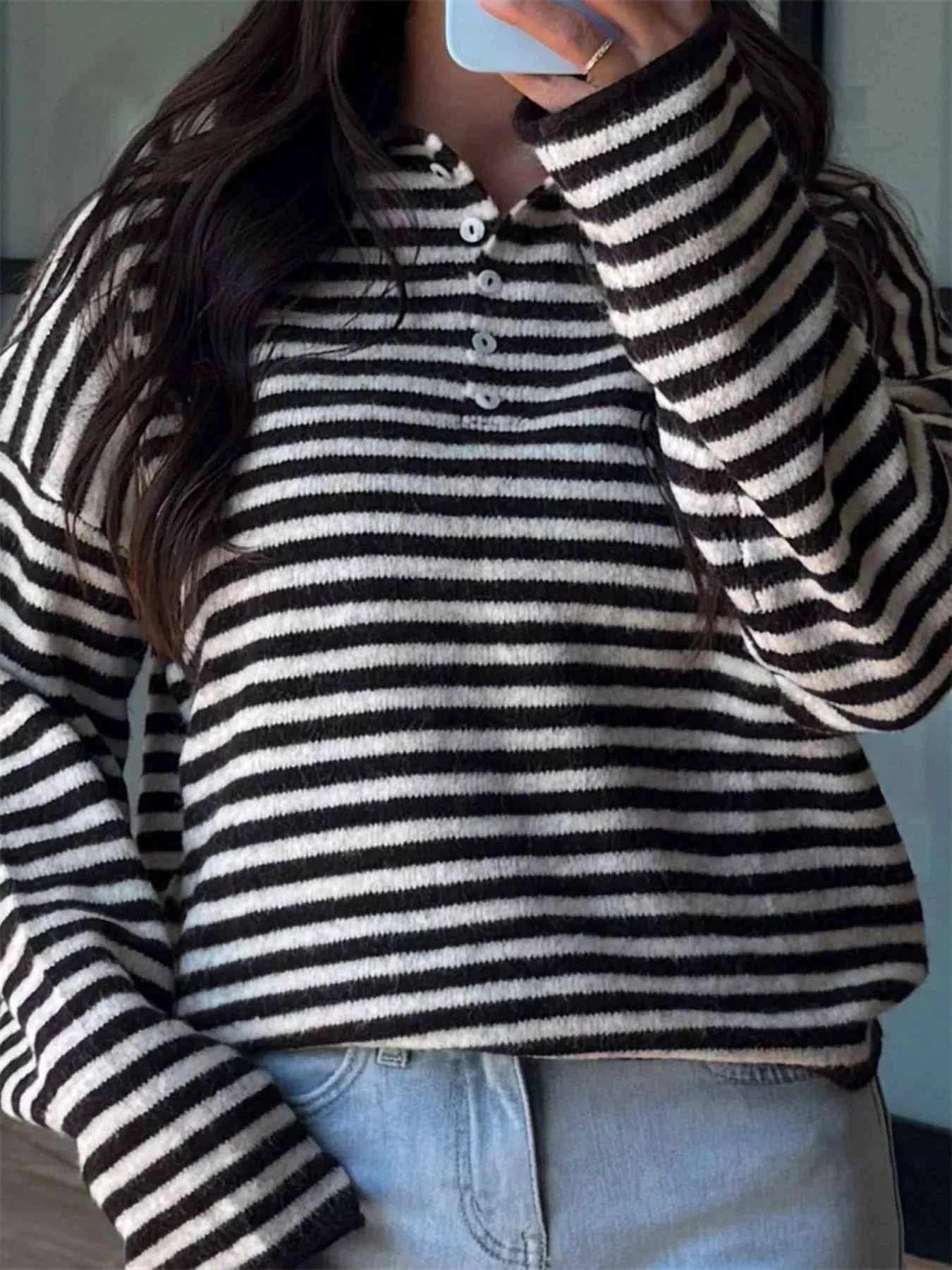 Sarah Express Women's Striped Button Detail Sweater - Dropped Shoulder Knit Top