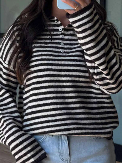 Sarah Express Women's Striped Button Detail Sweater - Dropped Shoulder Knit Top