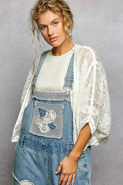 Sarah Express Women's Open Front Crochet Cardigan with Floral Embroidery - Lightweight Summer Cardigan OFF WHITE One Size