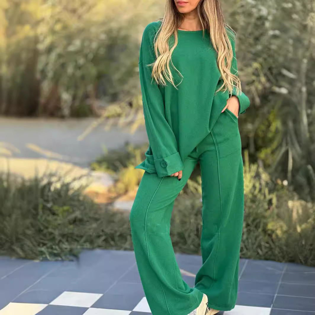 Sarah Express Women's Two-Piece Matching Set Long Sleeve Top Wide Leg Pants