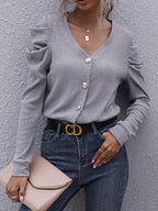 Sarah Express Women's Ribbed V-Neck Button-Up Cardigan Light Gray