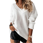 Sarah Express V-Neck Pullover Sweater Solid Color Long Sleeve Acrylic Mohair Blend Loose Fit