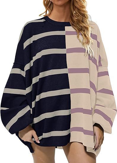 Sarah Express Women's Striped Knit Sweater Long Sleeve Pullover Loose Fit Acrylic