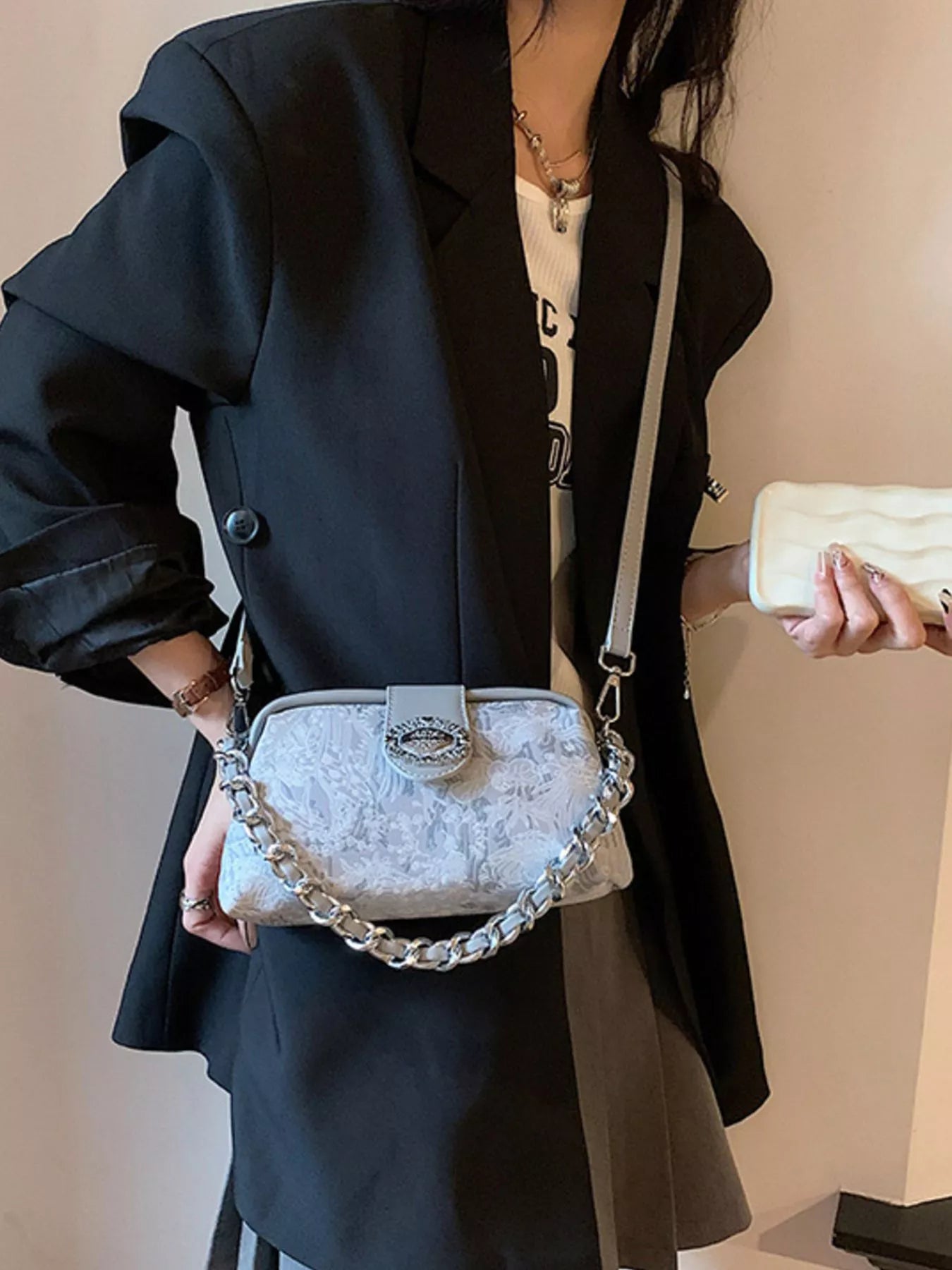 Sarah Express Women's Embroidered Chain Crossbody Bag Mini PU Leather Shoulder Purse