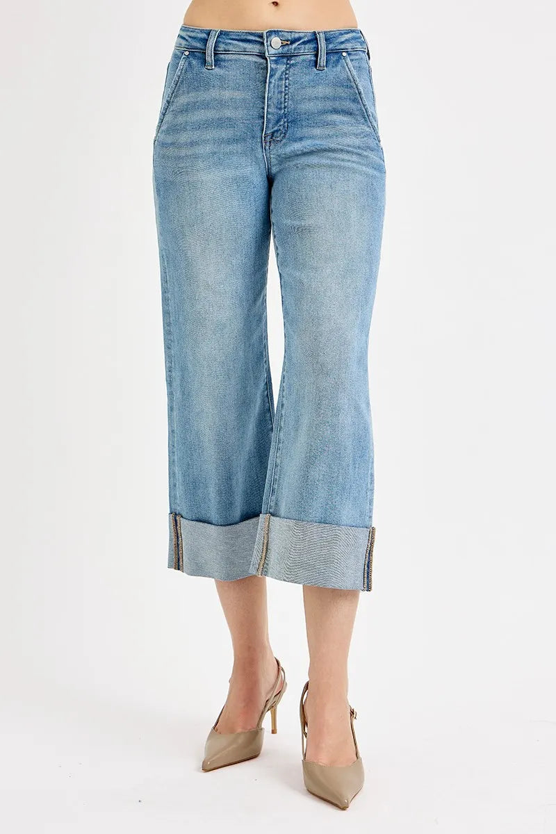 Sarah Express Women’s Plus Size Tummy Control High Rise Ankle Jeans with Wide Cuff
