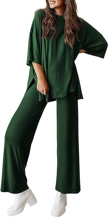 Sarah Express Two Piece Pullover Top Wide Leg Pants Set Polyester
