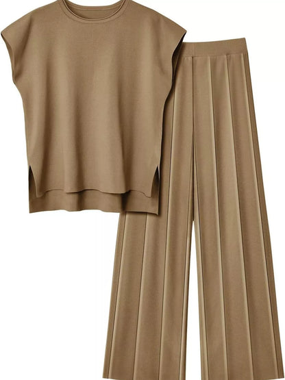 Sarah Express Women's Casual Solid Color Cap Sleeve Top and Pants Knit Set