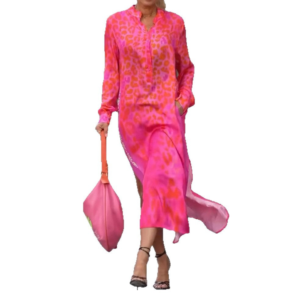 Women's Leopard Print V-Neck Long Sleeve Dress with Pockets