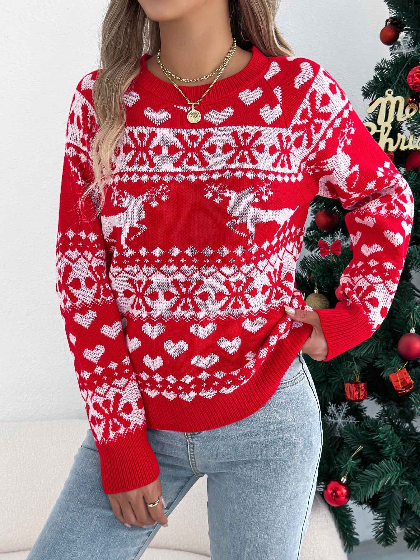 Sarah Express Women's Christmas Deer Pullover Sweater - Festive Holiday Knit Long Sleeve