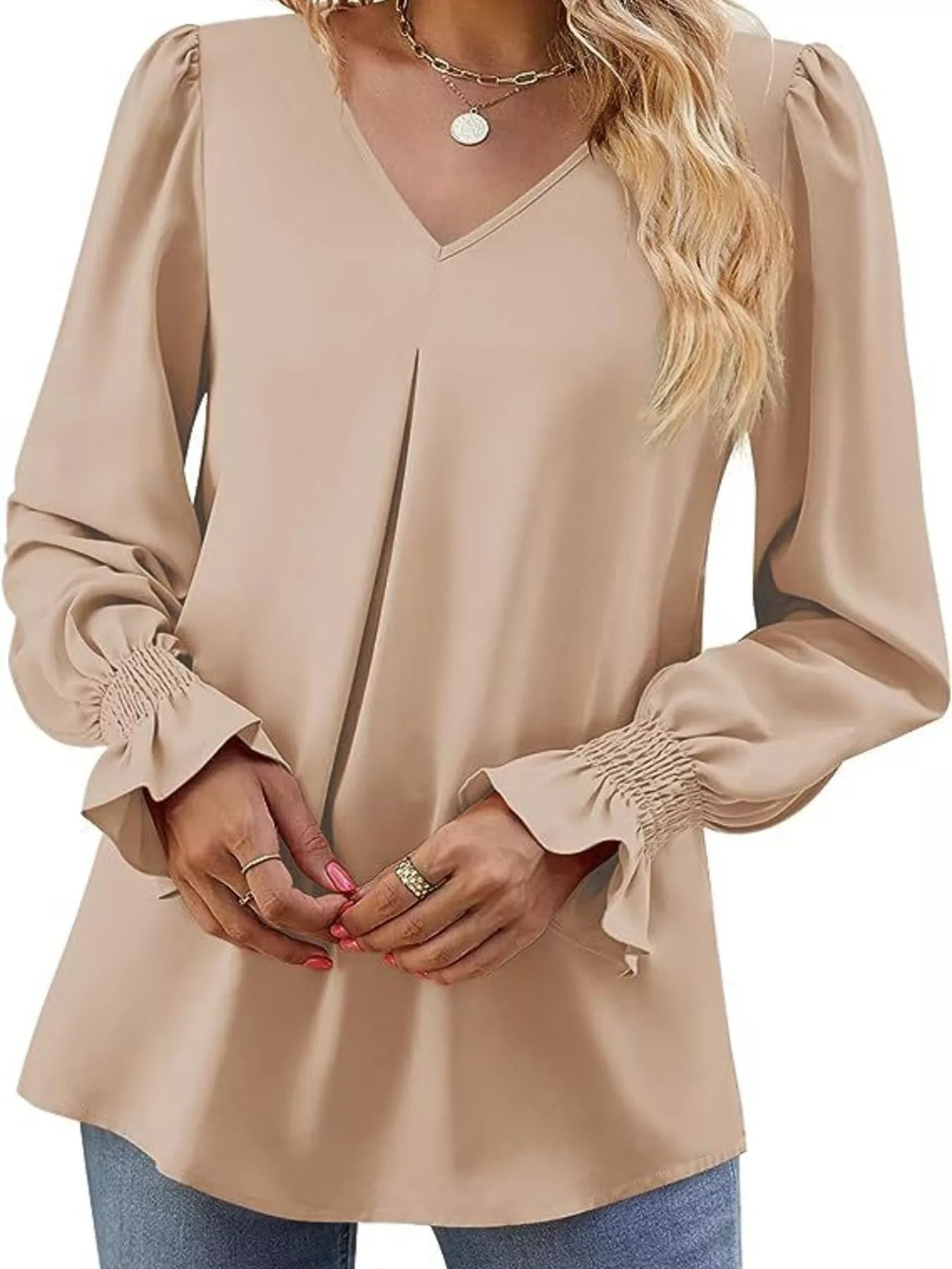 Sarah Express Women's V-Neck Long Sleeve Ruffle Cuff Blouse