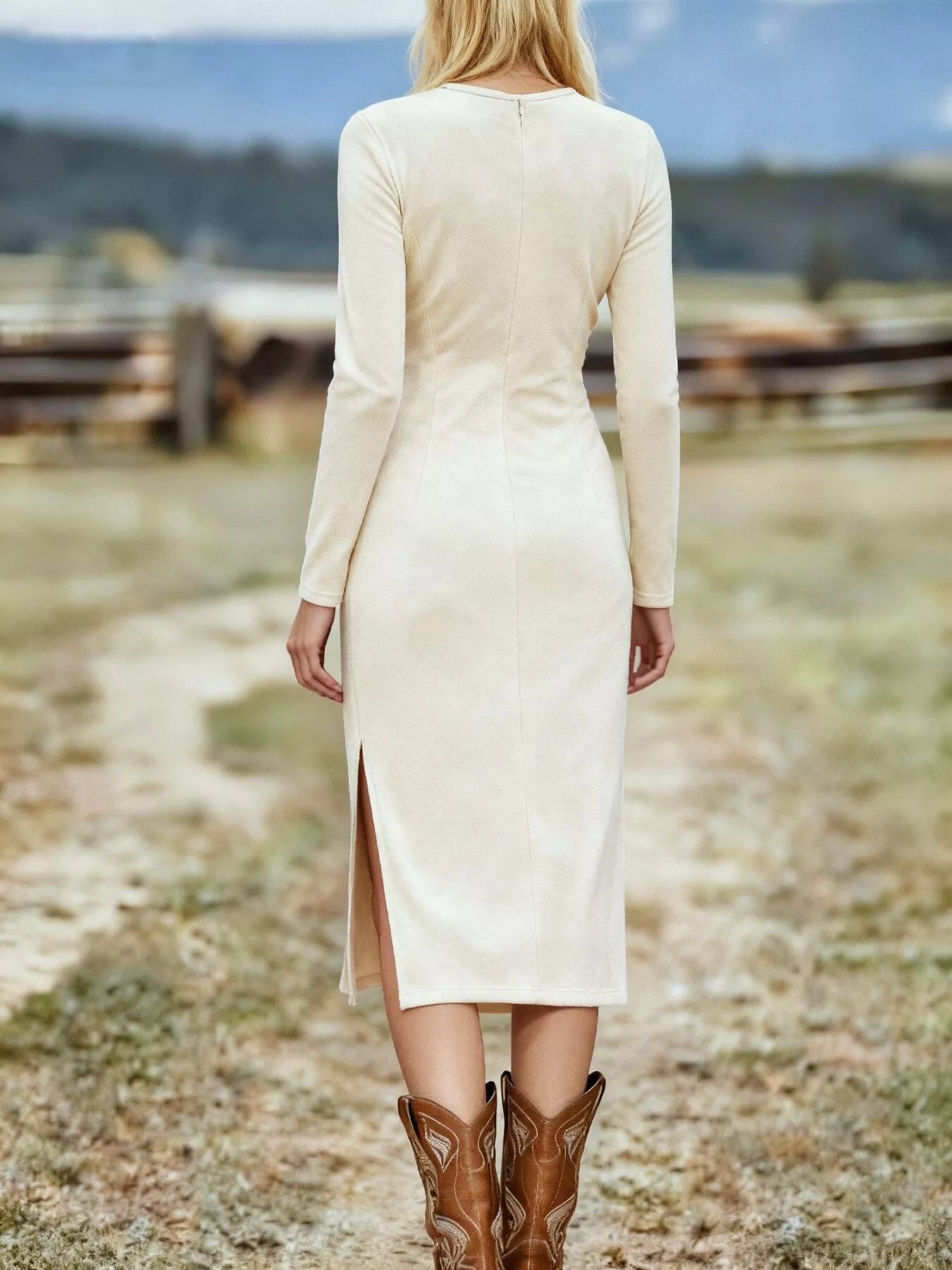 Sarah Express Women's Suede Fringe Long Sleeve Midi Dress - Boho Western Style