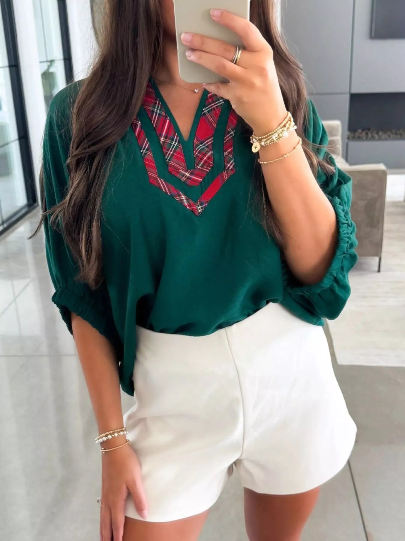 Sarah Express Women's Plaid Trim Half Sleeve Blouse