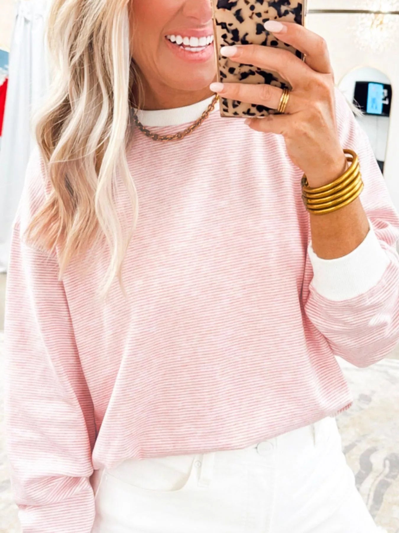 Sarah Express Women's Stripe Contrast Edge Patchwork Long Sleeve Top