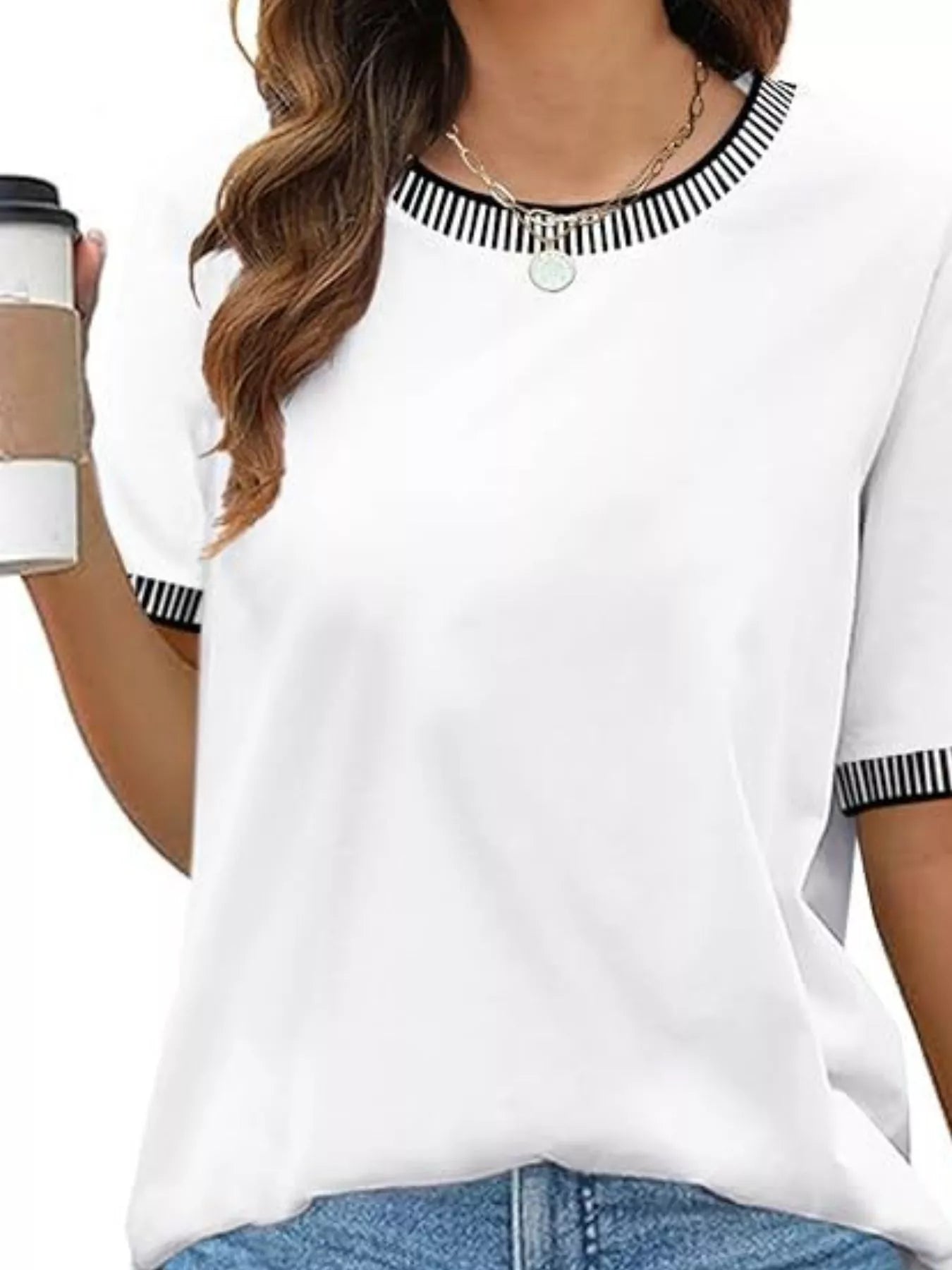 Sarah Express Women's Striped Trim Casual T-Shirt - Relaxed Fit Short Sleeve Top