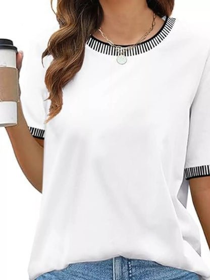 Sarah Express Women's Striped Trim Casual T-Shirt - Relaxed Fit Short Sleeve Top