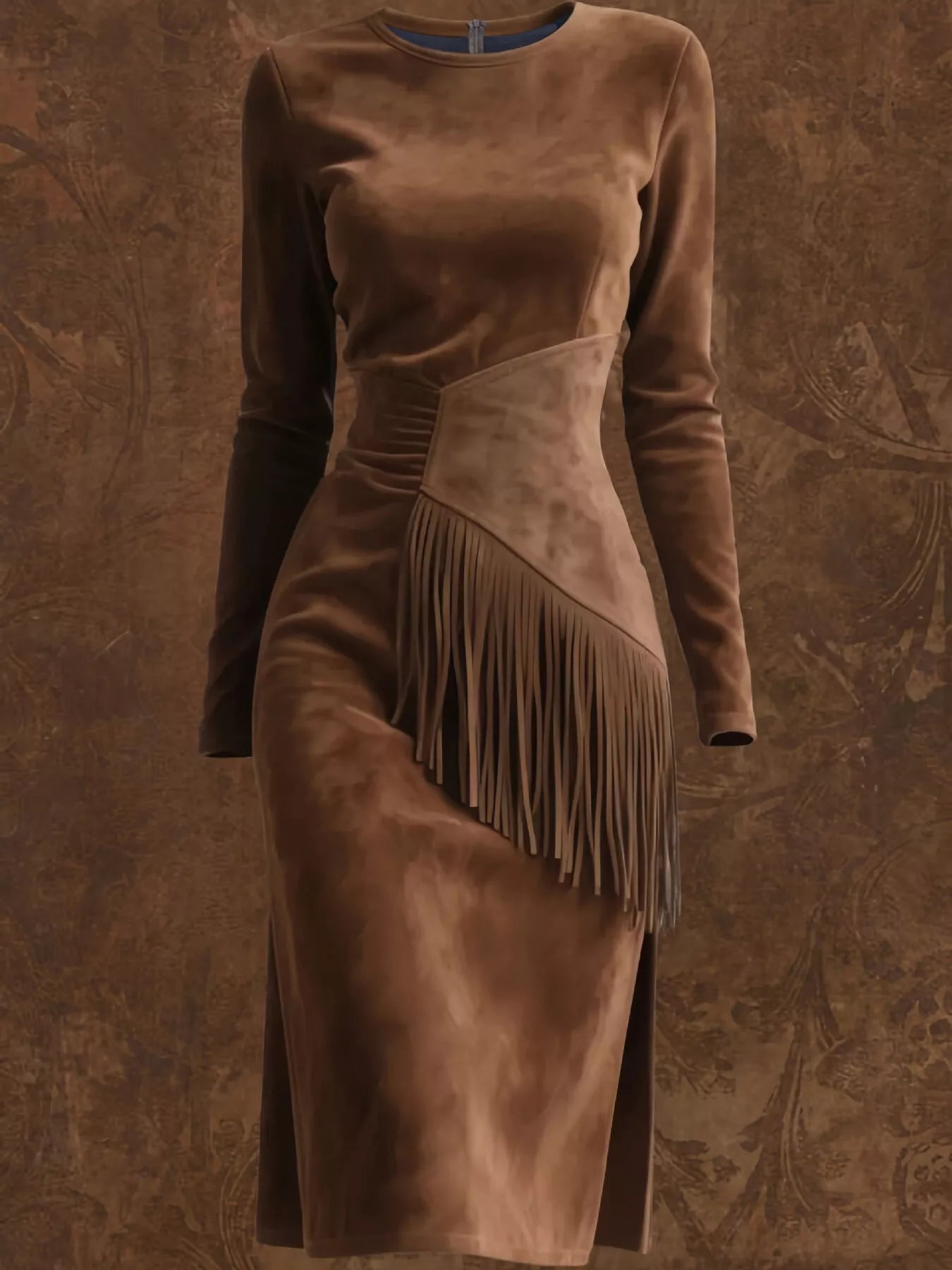 Sarah Express Women's Suede Fringe Long Sleeve Midi Dress - Boho Western Style