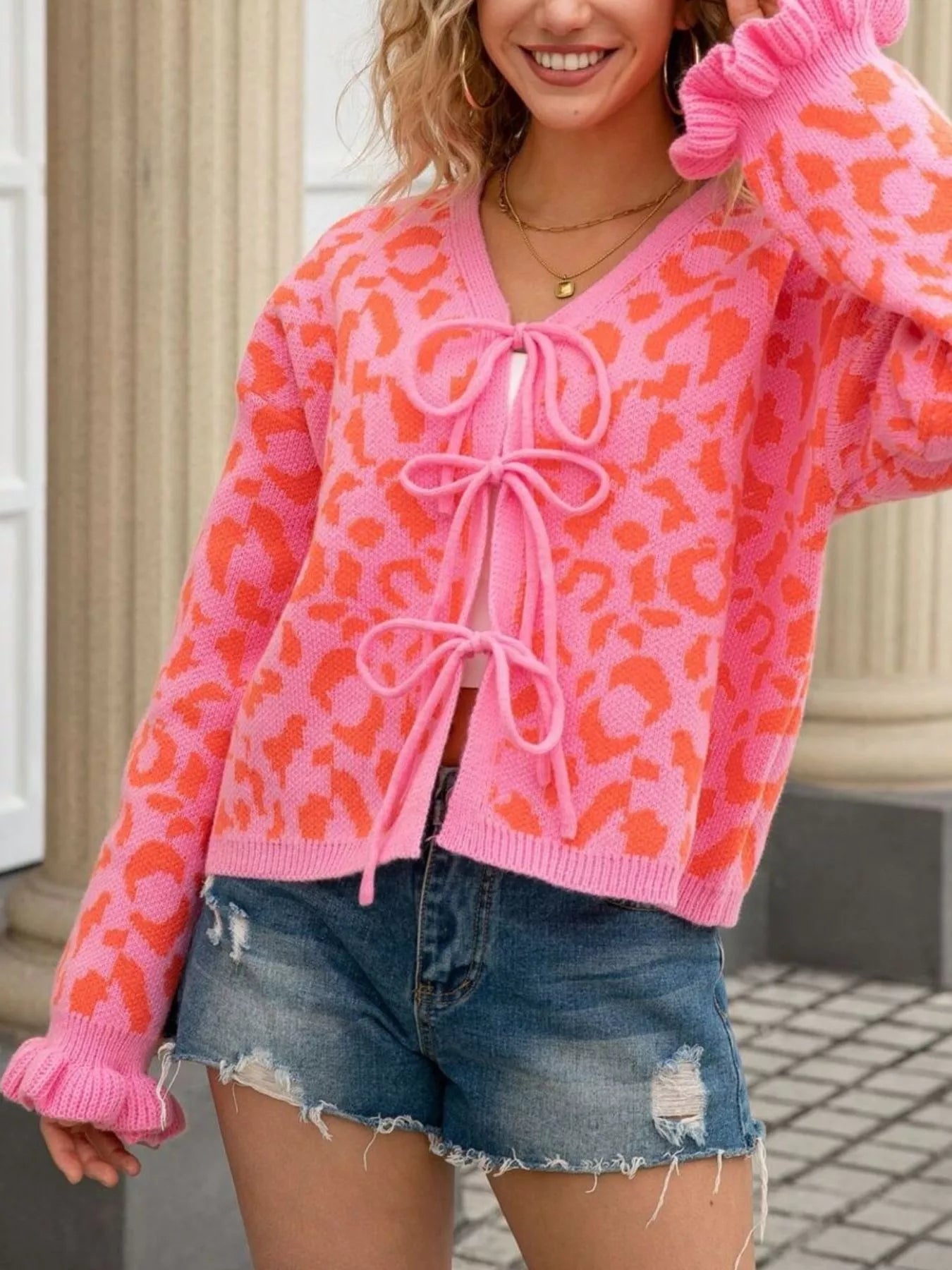 Sarah Express Women's Leopard Print Tie-Front Cardigan with Ruffle Trim Rose Red