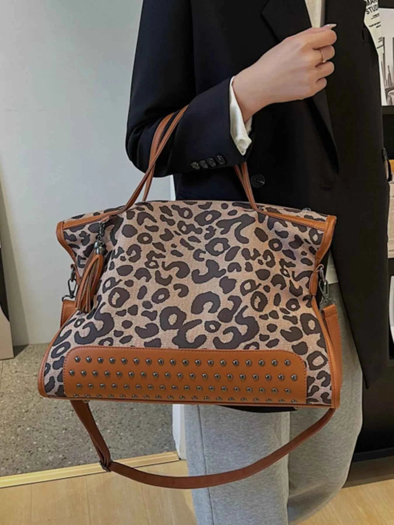 Sarah Express Women's Leopard Print Studded Tote Bag - Large PU Leather Shoulder Bag