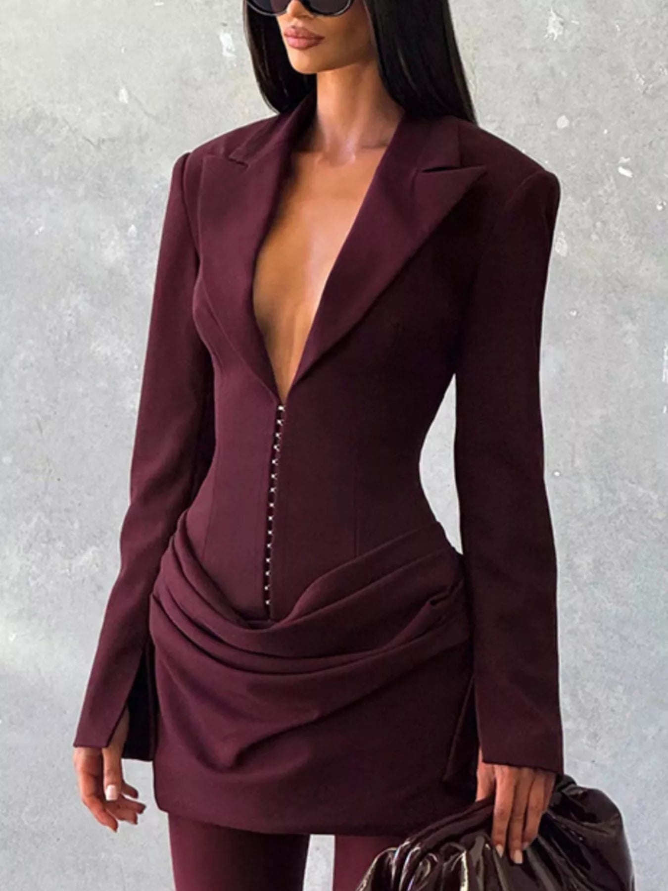 Sarah Express Women's Blazer-Style Long Sleeve Mini Dress - Ruched Bodycon Dress Burgundy