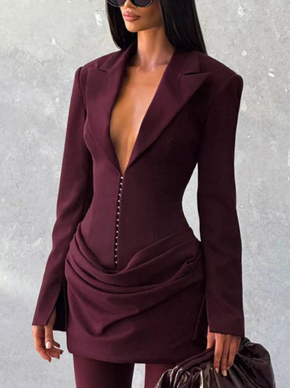 Sarah Express Women's Blazer-Style Long Sleeve Mini Dress - Ruched Bodycon Dress Burgundy