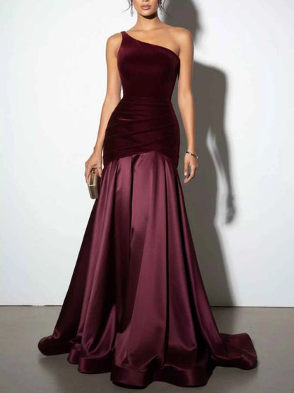 Sarah Express Women's Single Shoulder Ruched Floor Length Dress Wine Red