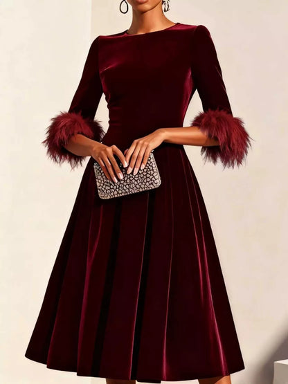 Sarah Express Women's Velvet Midi Dress with Feather Cuffs Wine Red