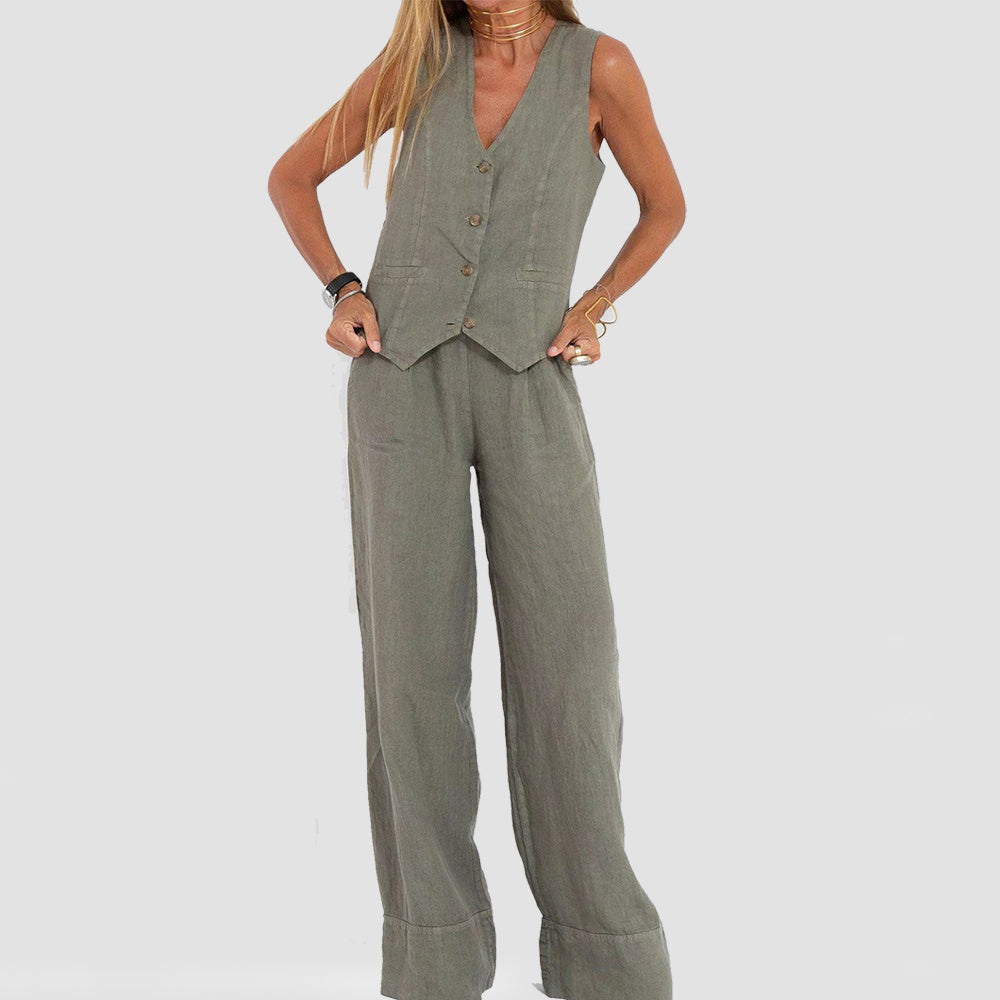 Sarah Express Women's V-Neck Button Vest and Straight Pants Two Piece Set