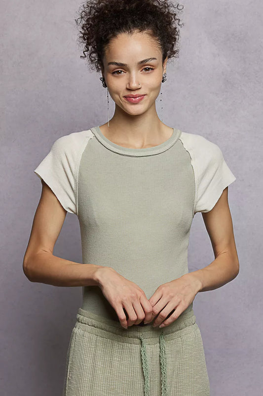 Sarah Express Women's Round Neck T-Shirt with Contrast Raglan Sleeves - Fitted Rib Knit Top SAGE CREAM