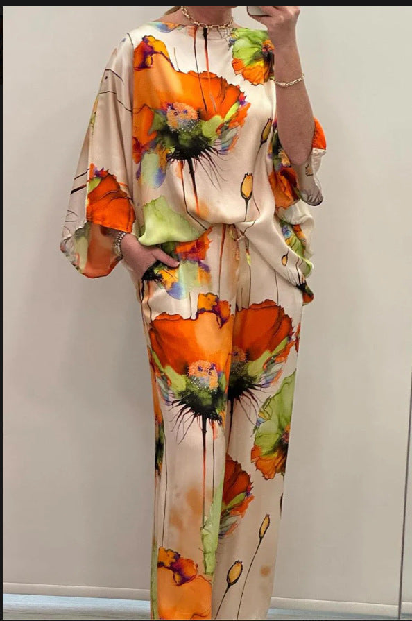 Sarah Express Women's Printed Satin Two-Piece Suit Bell Sleeve Top and Pants Set