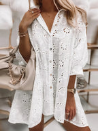 Sarah Express Women's Eyelet Embroidered Button-Down Oversize Shirt White