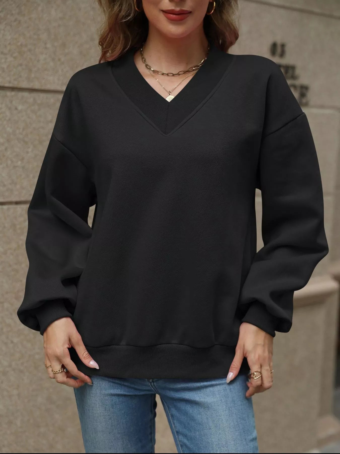 Sarah Express Women's V-Neck Solid Color Casual Sweatshirt