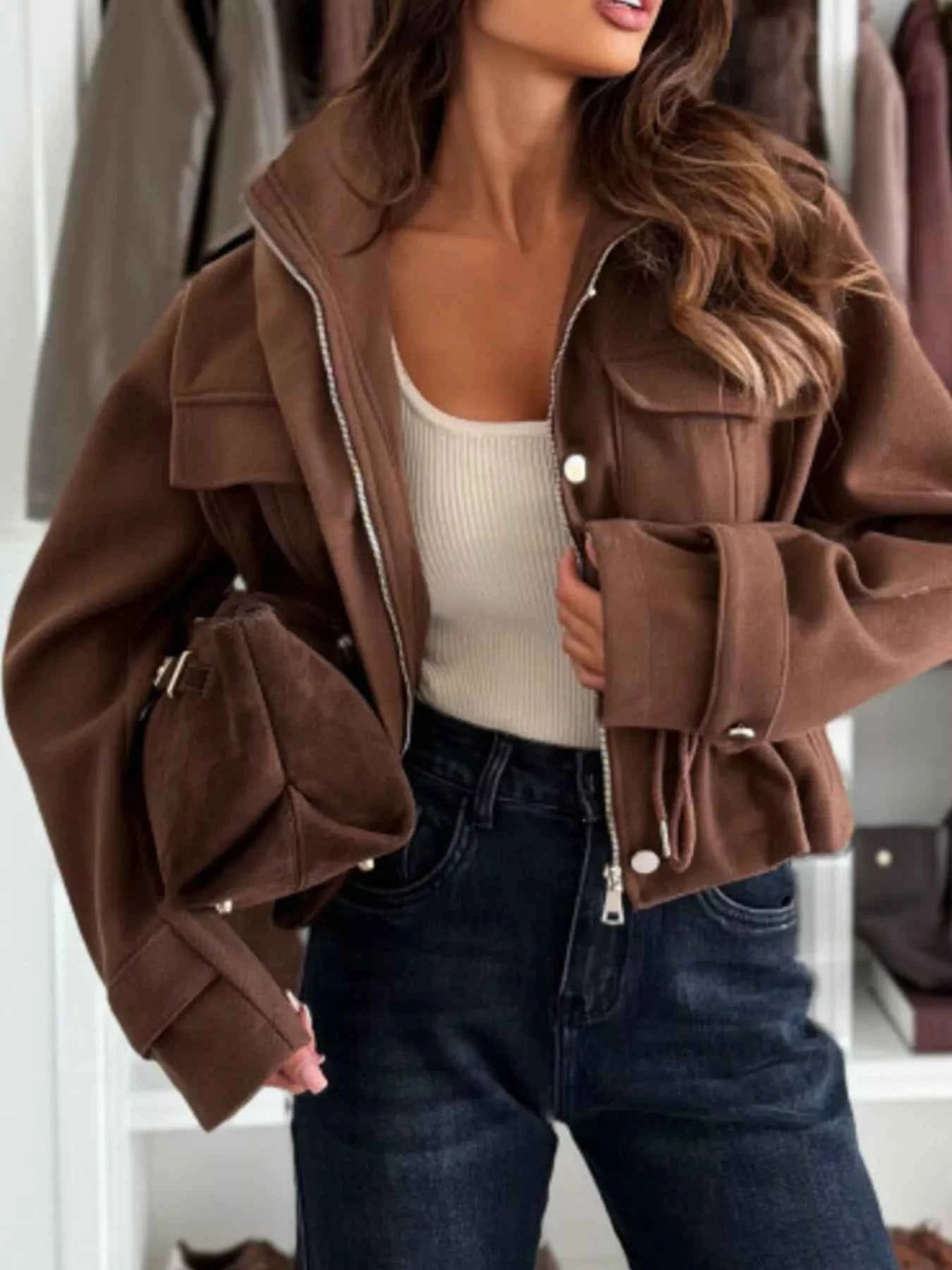 Sarah Express Women's Drawstring Button-Up Casual Jacket with Pockets