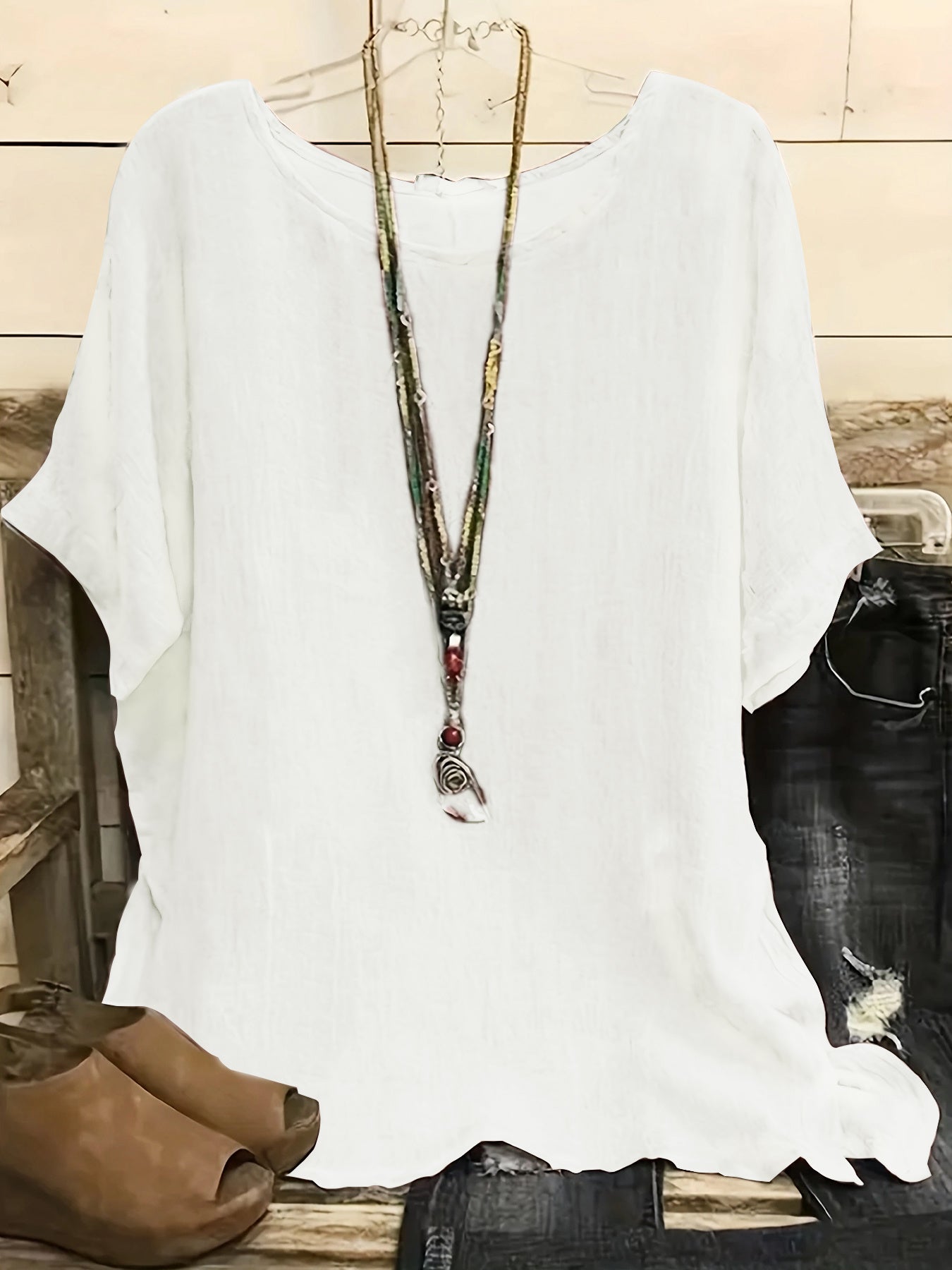 Sarah Express Women's Cotton Blend Round Neck Blouse 3/4 Sleeve Loose Fit Top