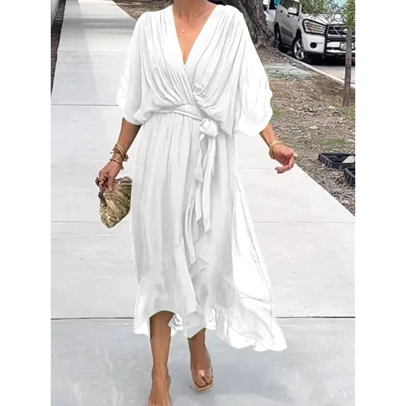 Sarah Express Women's Batwing Sleeve V-Neck Dress Summer Tie Detail Irregular Hem Mid-Length Fairy Dress