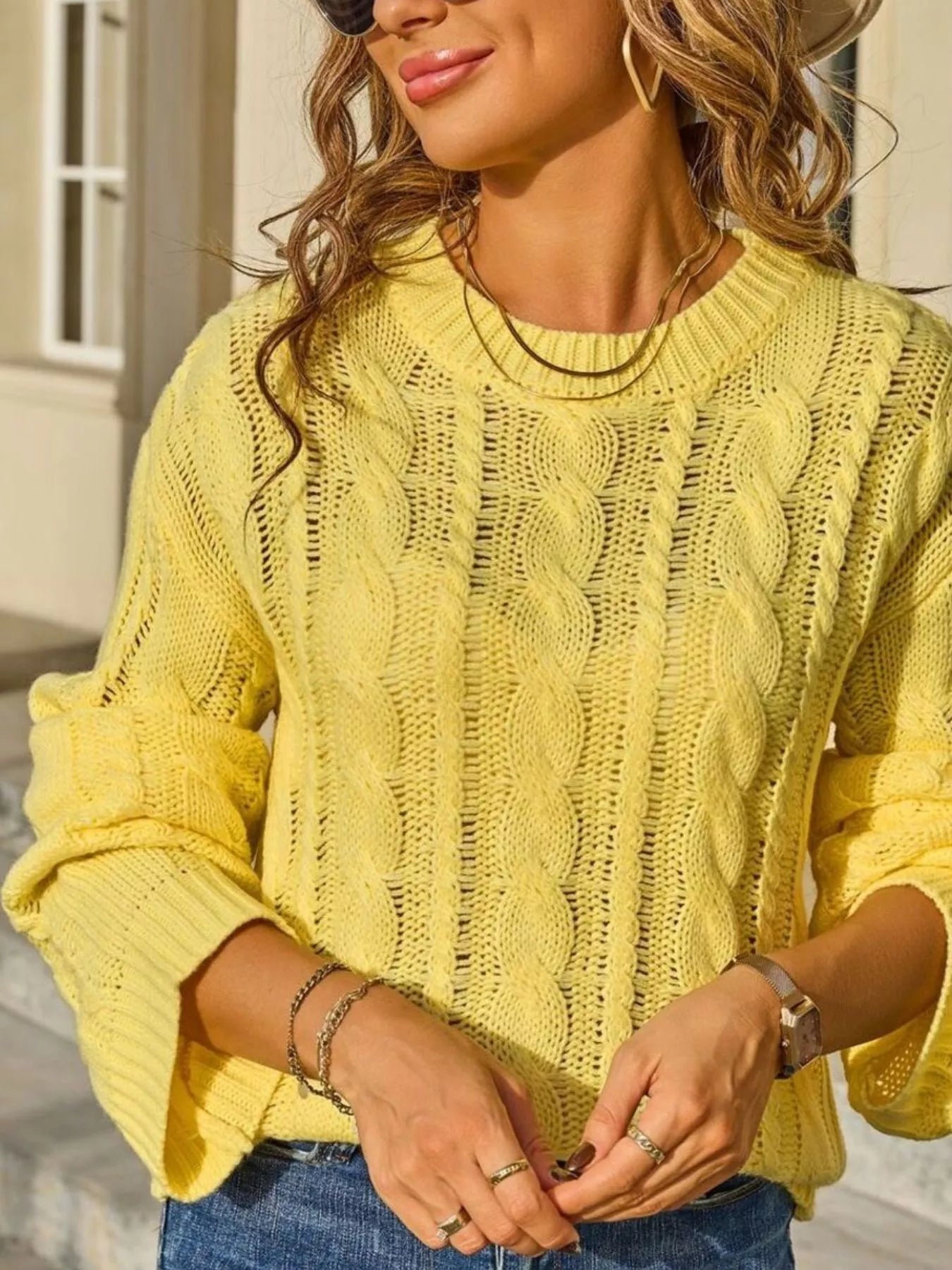 Sarah Express Women's Cable Knit Sweater - Long Sleeve Openwork Pullover Yellow