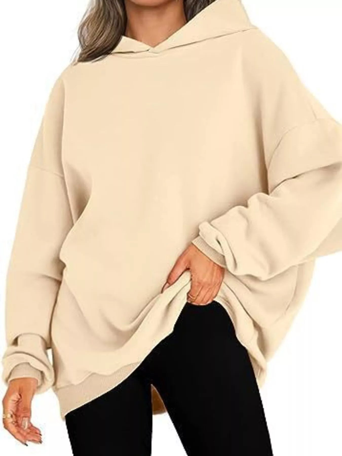 Sarah Express Women's Drop Shoulder Long Sleeve Hoodie Apricot