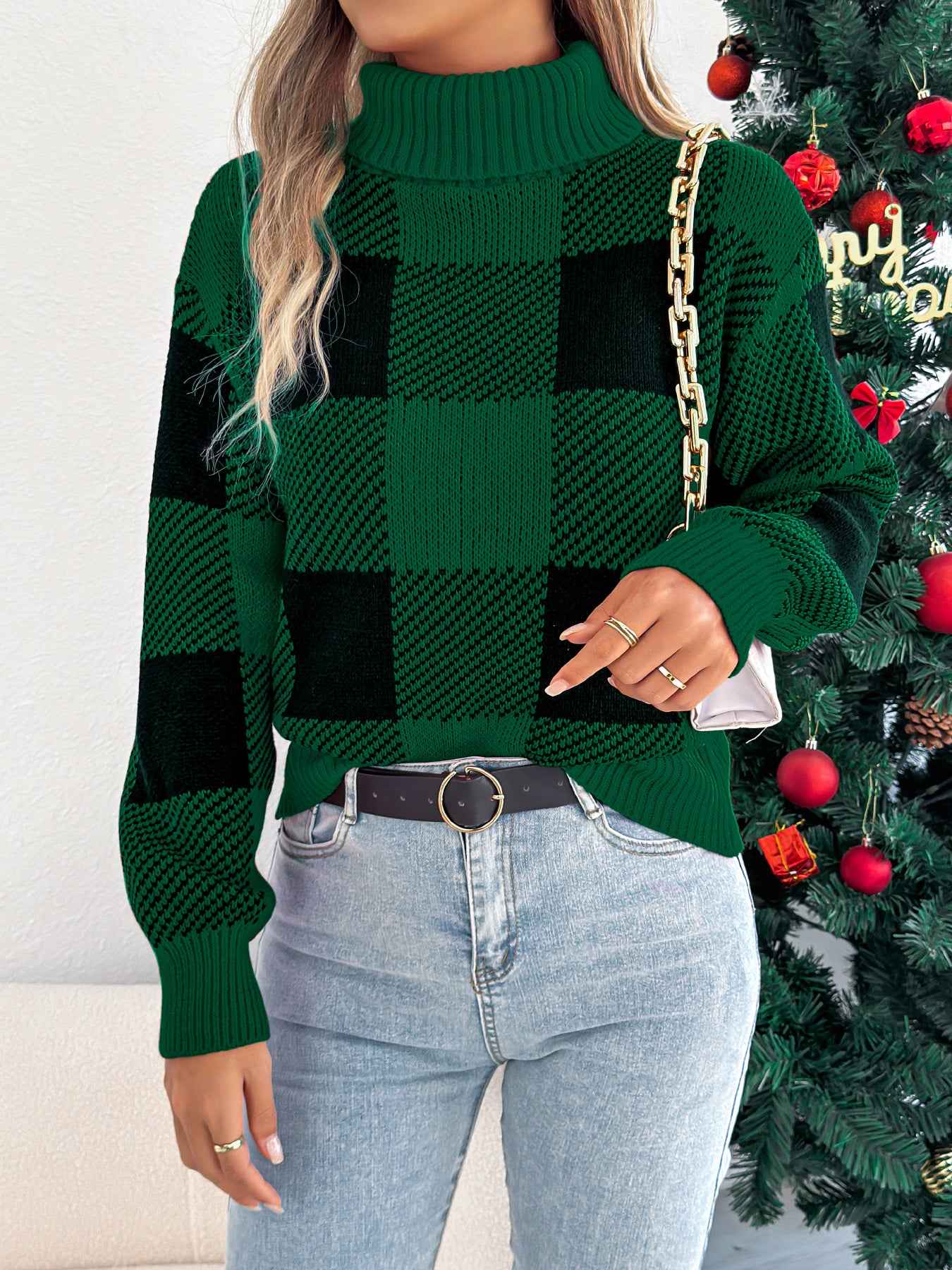 Sarah Express Women's Color Block Plaid Turtleneck Sweater - Lantern Sleeve Pullover