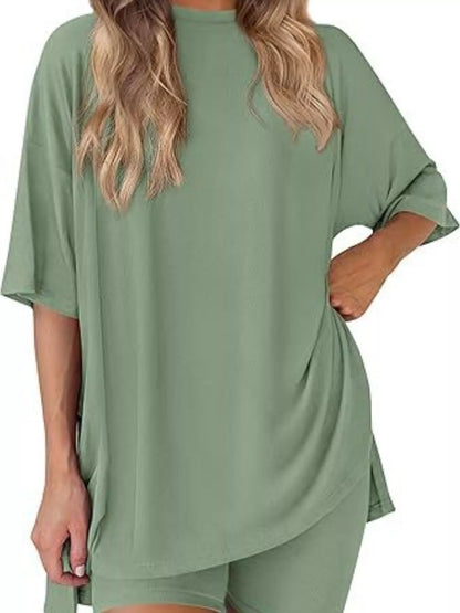 Sarah Express Women's Relaxed Fit Round Neck Top and Shorts Two-Piece Set - Plus Size Loungewear Matcha Green