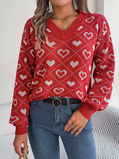 Sarah Express Women Sweet Color Block Heart Lantern Sleeve Pullover Sweater Red