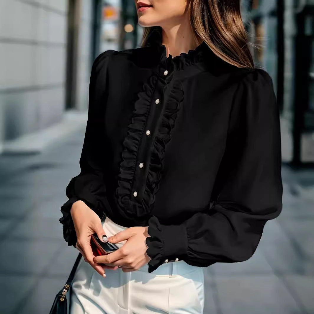 Sarah Express Women's Ruffled Cardigan Shirt Long Sleeve Button Front
