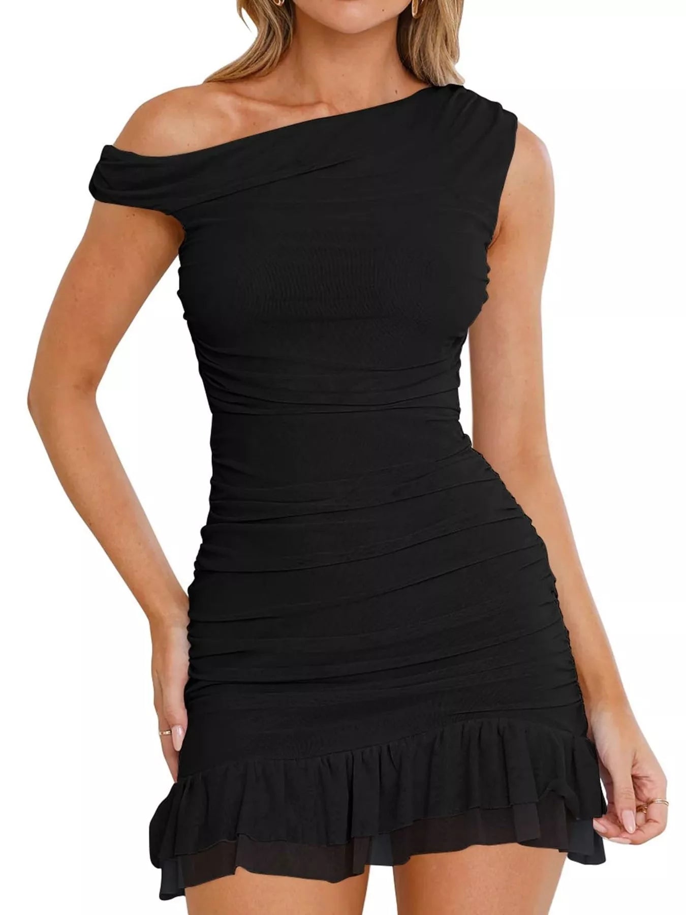 Sarah Express Women's Ruched One Shoulder Mini Dress - Ruffled Asymmetric Party Dress