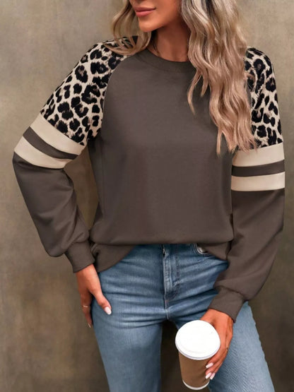 Sarah Express Women's Leopard Raglan Sleeve Striped Sweatshirt