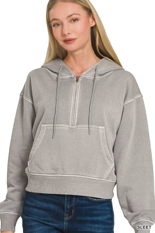 Sarah Express Women's Fleece Pigment Dye Half Zip Kangaroo Pocket Hoodie SLEET