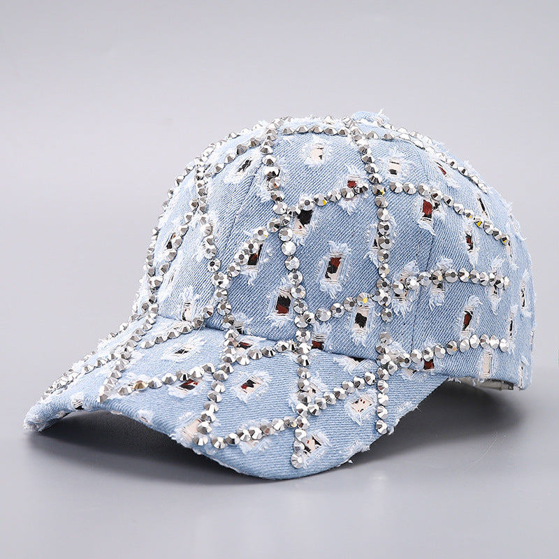 Sarah Express Rhinestone Leopard Denim Baseball Cap Distressed Cotton Adjustable Hat