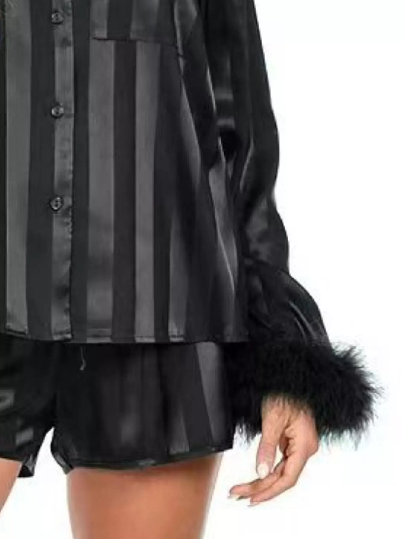 Sarah Express Women's Striped Feather Trim Shirt and Shorts Lounge Set