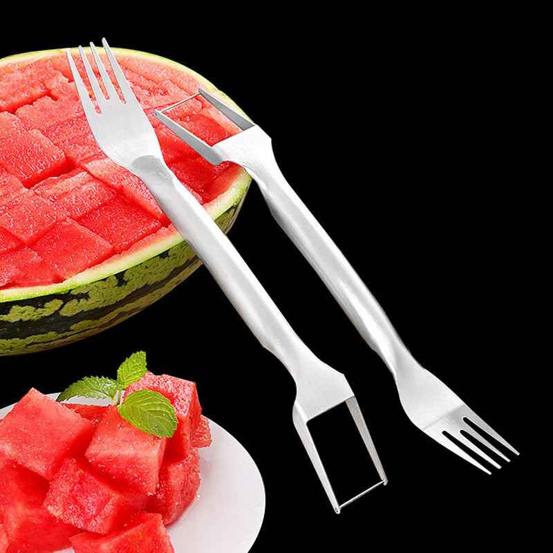 Sarah Express Watermelon Slicer Fork - 2 in 1 Stainless Steel Fruit Cutter Divider Kitchen Tool Silver 2PCS